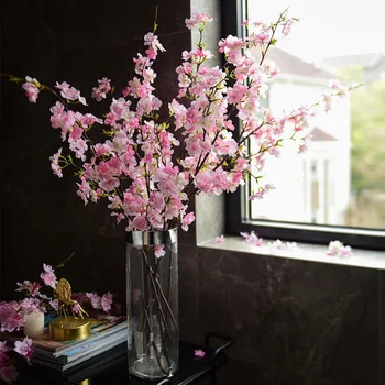 Имитация 4-раздвоенных цветов вишни, длинные ветви, искусственные цветы, шелковая ткань, пластиковые цветы, имитация цветов