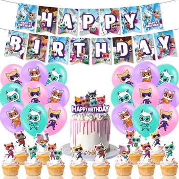 Украшения для вечеринок Super Kitties, Мультяшные баннеры SuperKitties, воздушные шары, принадлежности для тортов, принадлежности для вечеринки по случаю Дня рождения