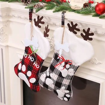 Рождественский чулочный набор из 2 тканевых красно-черных клетчатых подвесных украшений, подарочная упаковка, декор для детского подарка на День рождения