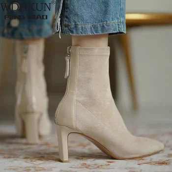 Женские замшевые сапоги на высоком каблуке в корейском стиле, осенне-зимние эластичные сапоги на среднем каблуке с острым носком, женские ботинки на молнии сзади
