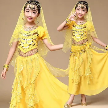 Комплект из 4 шт. Костюм для танца живота для девочек детское платье для индийских танцев Детские Болливудские танцевальные костюмы для выступлений девочек Одежда для живота