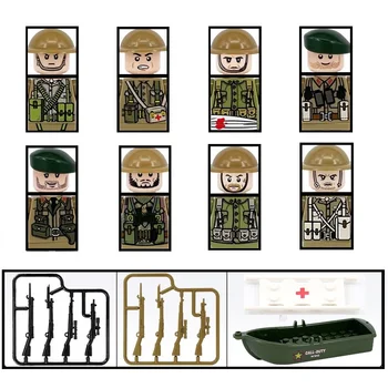 MOC WW2 Military British Wounded Soldiers Фигурки строительных блоков, оружие пехотной армии, Детали пистолета, Мини-кирпичи, Детские игрушки, дети