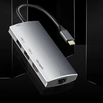 Док-станция TISHRIC 4K 5 в 1 Type C, Совместимая с HDMI/RJ45 100M/2-Портовым Многофункциональным Преобразователем мощности USB2.0/PD для MacBook Huawei