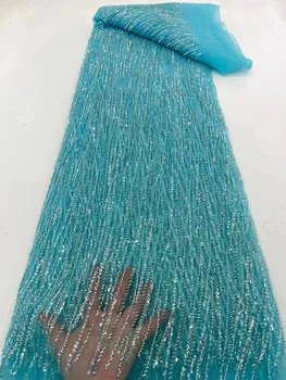 Синяя Роскошная кружевная ткань с пайетками, расшитая бисером 2023, Нигерийский Французский тюль, кружевная ткань с пайетками, свадебная