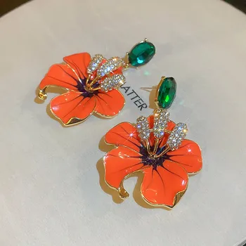 Серьги-подвески с цветами из оранжевой эмали FYUAN для женщин и девочек, Серьги-подвески с зеленым кристаллом, вечерние украшения
