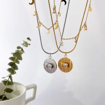 Квадратное ожерелье с подвеской в виде круглой пластины из Циркона для женщин, Цепочка для ключиц из Лунного Циркона, ювелирные изделия из нержавеющей стали, подарки