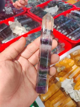 Красочный полосатый Кристалл кварца флюорита, натуральный камень, лечебный шестиугольный камень для лечения палочкой, 80-100 мм