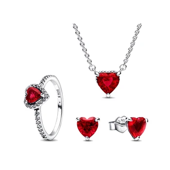 Кольцо из стерлингового серебра 925 пробы, ожерелье, серьги-гвоздики, рубиново-красное сверкающее украшение в виде сердца, набор украшений для женщин, подарок на День Святого Валентина
