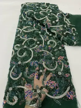 Темно-зеленая Тяжелая Французская Кружевная Ткань С Бисером и пайетками 5 Ярдов Aso Ebi Turtle Lady Party Dress Материал Тюль 2023 T0414