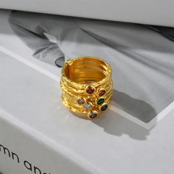 Нерегулярное многослойное кольцо с цирконием необычного цвета, женский нишевый дизайн, многослойное античное золото, широкое золотое кольцо на палец