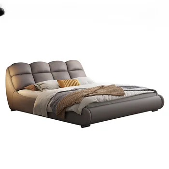 Минималистичная кожаная кровать Роскошного современного дизайна для спальни с мягкой кроватью размера King/Queen Size