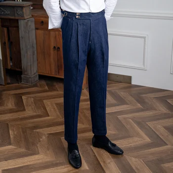 Высококачественные Итальянские деловые брюки, мужские офисные брюки для светского костюма, повседневные свадебные брюки для жениха, Pantaloni Uomo, повседневные синие