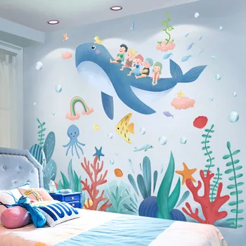 Наклейки на стену с рыбами и животными, наклейки на стены с морскими травами, наклейки на стены для детской комнаты, детской спальни, Детской Ванной комнаты, украшения дома
