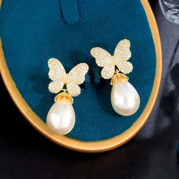 Серьги-капли ThreeGraces с милым блестящим кубическим цирконием в форме бабочки, имитирующим жемчуг, для женщин, Бразильские повседневные украшения E1107