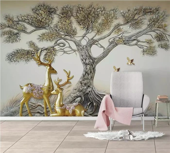 Обои на заказ beibehang 3D стерео фотообои с тиснением на фоне большого дерева и оленя, обои для домашнего декора, 3D обои
