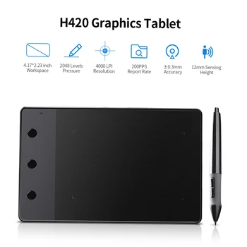 Huion H420 Профессиональный графический планшет для рисования с 3 сочетаниями клавиш 2048 уровней чувствительности к нажатию Разрешение пера 4000 точек на дюйм