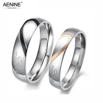 AENINE Модный Простой круг в виде половинки Сердца из нержавеющей стали, Кольца для пары Настоящей Любви, Ювелирные Изделия, Обручальное кольцо для женщин AR19181