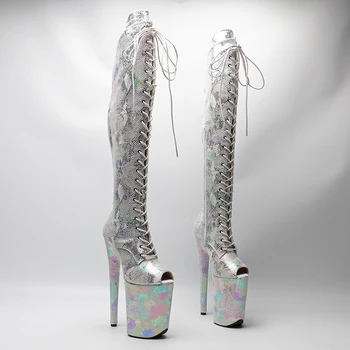 Leecabe 23 см/9 дюймов, модные женские ботинки для танцев на шесте со змеиной искусственной кожей на высоком каблуке и платформе