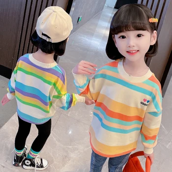 Весенне-осенняя детская толстовка в полоску с длинными рукавами для девочек, Корейская версия повседневного пуловера для мальчиков, топ