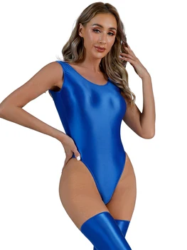 Женское боди Soild Color с U-образным вырезом и открытой спиной, глянцевый купальник, купальники с высоким вырезом без рукавов, трико для танцев, фитнеса, йоги