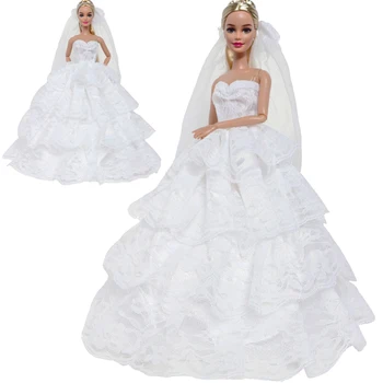 Качественное белое свадебное платье + фата, кукольное платье, кружевная юбка невесты, праздничная одежда принцессы для куклы Барби, аксессуары для куклы 30 см, детская игрушка