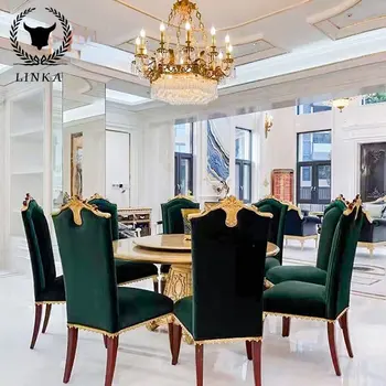 Сочетание обеденного стола и стула в европейском стиле, Массивное дерево, ткань из золотой фольги, Круглый Паркетный стол из коричневого шпона