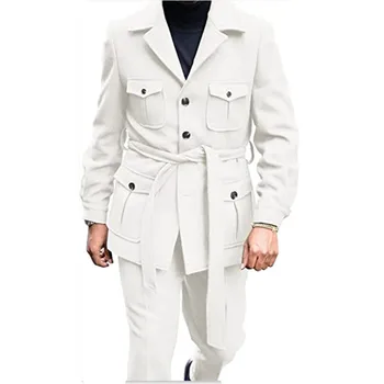 Классический Белый мужской костюм из 2 частей, Однобортный блейзер terno с четырьмя карманами, Повседневный модный Блейзер С Поясом, Комплект Брюк