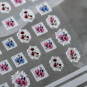 Наклейки для ногтей в стиле ретро с цветами, Фоторамка, Рельефные самоклеящиеся слайдеры, наклейки для дизайна ногтей, наклейки для маникюра.