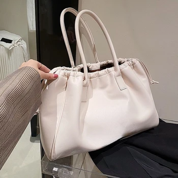 Однотонная сумка, женская сумка, осень 2023, новая большая вместительная сумка-тоут на шнурке, ручная сумка для покупок на одно плечо, сумки-тоут