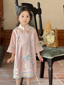 2023 г. Платье для девочек розового цвета, детские платья в китайском стиле с вышивкой кроликом
