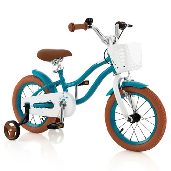 14-дюймовый детский велосипед со съемными тренировочными колесами и корзиной для детей 3-5 лет синего цвета
