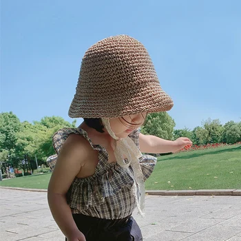 Детская Соломенная Шляпа Летний Пляжный Солнцезащитный Крем Детская Солнцезащитная Шляпа Для Девочек Детская Прогулочная Рыбацкая Кепка Тканый Выдалбливают Боб Панама Сомбреро