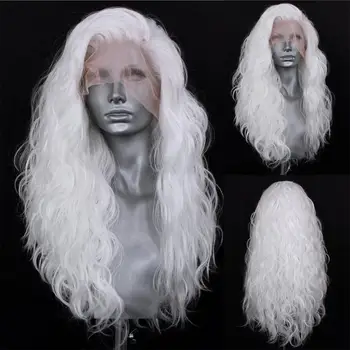 FANXITION Белый свободный синтетический парик с объемной волной, длинные волнистые парики на кружеве спереди для женщин, парик для костюмированной вечеринки для косплея