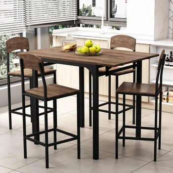 Набор для обеденного стола из 5 предметов Включает обеденный стол и 4 стула, табурет со спинкой, простая сборка, подходит для многих ситуаций.