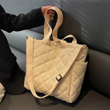 Женская сумка на молнии, стеганая сумка с верхней ручкой, повседневная однотонная сумка через плечо, простые сумки-мессенджеры большой емкости.